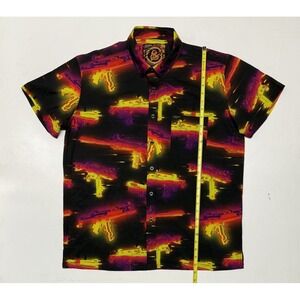 Retro Rifle Glitch Button Up Shirt Mens XL Black Neon Stretch Short Sleeve‎